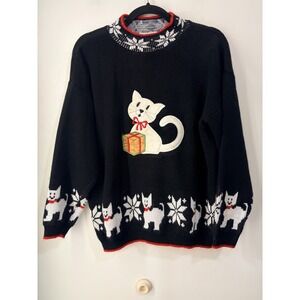 Vintage Sweater Exchange Cat Christmas Sweater Gift Applique USA Medium 90s